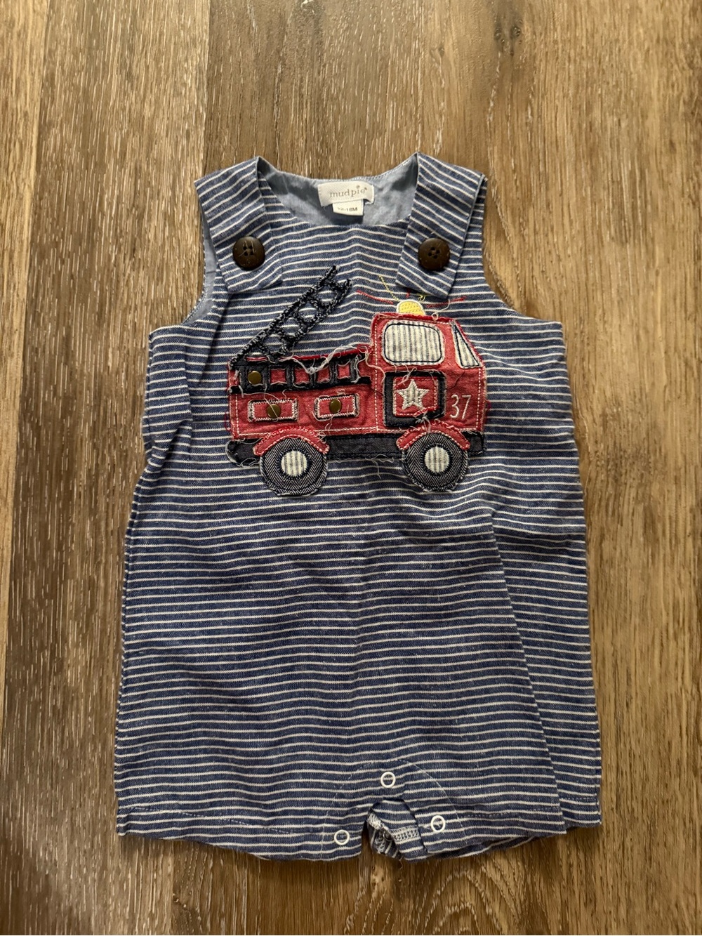 Mud Pie Blue and White Striped Romper with Red Fire Truck